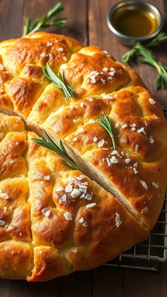 Herb Focaccia Bread Recipe for Holidays Golden brown focaccia bread topped with rosemary and sea salt, sliced on a wooden table with olive oil.